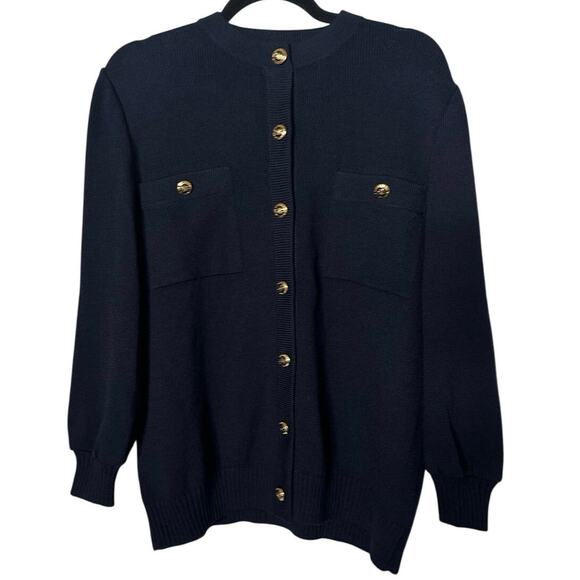 St. John Basics Cardigan Women’s Medium Navy Blue Santana Knit Jacket Sweater - Picture 1 of 6